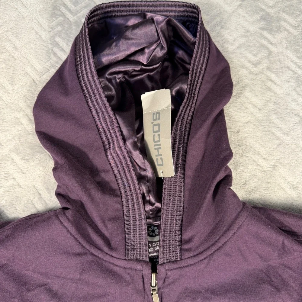 Chico's Zenergy‎ Satin Trim Jacket Size Medium (1) Purple Hooded Full Zip NWT
